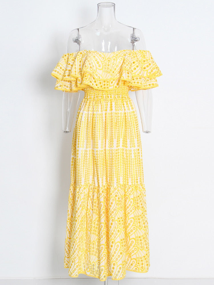 Yellow Embroidered Dress | Ruffled Shoulder | White with yellow Eyelet Broderie Anglaise | Off Shoulder Design | Designer Inspired Charo Ruiz Dupe Lookalike