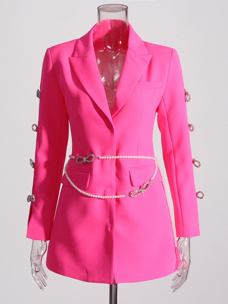 Rhinestone Bow Embellished Blazer With Belt | Fuchsia Pink | Single Breasted | Sleeve Cutouts | Chic Style | Designer Inspired mach & mach dupe lookalike 