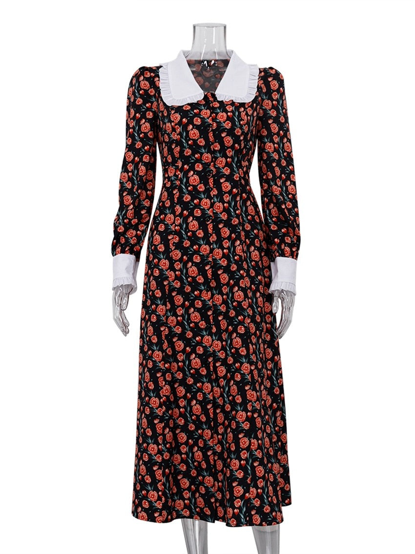 Black and Red Midi Dress | White Peter Pan Collar | Long Sleeves | Floral Print | Zalia Atelier