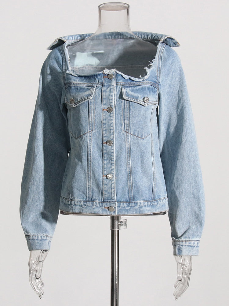 Distressed Style Denim Jacket  With Cut outs | Zalia Atelier