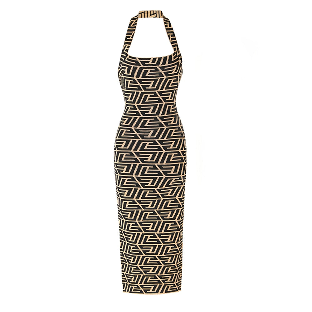 Brown and Black Geometric Logo Midi Dress | Halter Neck | Back Zipper | Zalia Atelier