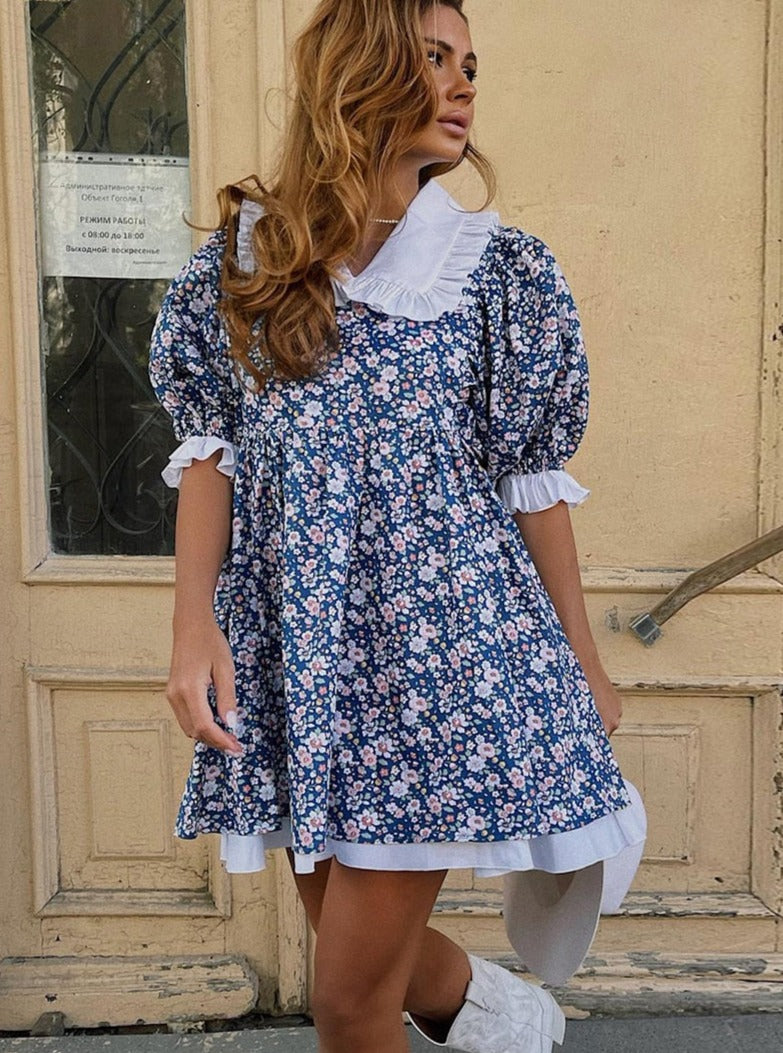 Doll Collar Dress | Blue Floral Print | Zalia Atelier