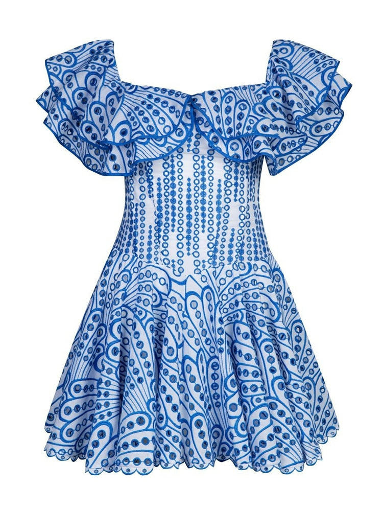 Embroidery Mini Dress | White Bodice with Blue Eyelets | Ruffled Neckline and Shoulders | Ruffled Hemline | Designer Inspired | Charo Ruiz  Dupe Lookalike