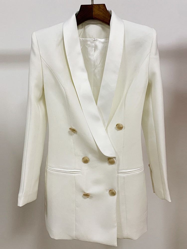 White Blazer Double Breasted Satin Lapel