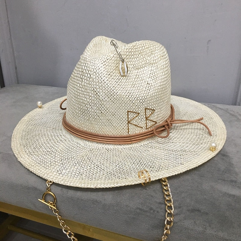 Chic Straw Hat  | Removable Chain | Pin, Shell, Pearl Appliques | Zalia Atelier