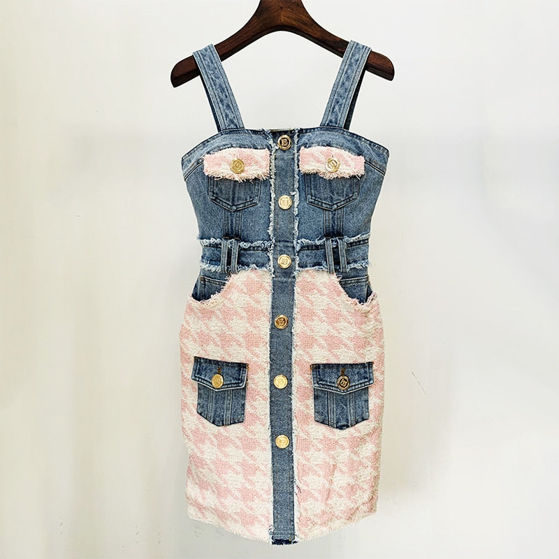 Denim and Tweed Mini Dress | Patchwork | Raw Edges | Gold Buttons and Back Zipper | Designer Inspired Balmain Dupe