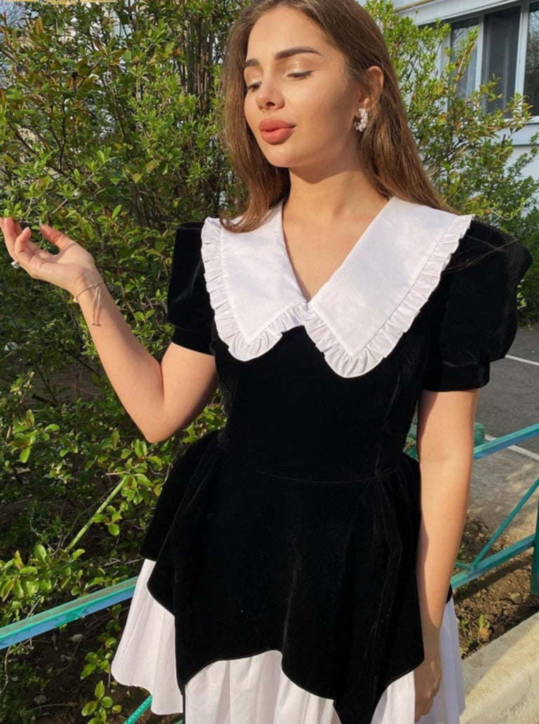 White doll collar black mini dress with puff sleeves