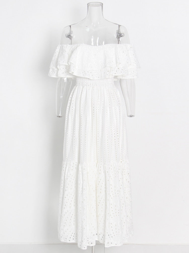 White Embroidered Dress | Ruffled Shoulder | White with white Eyelet Broderie Anglaise | Off Shoulder Design | Designer Inspired Charo Ruiz Dupe Lookalike