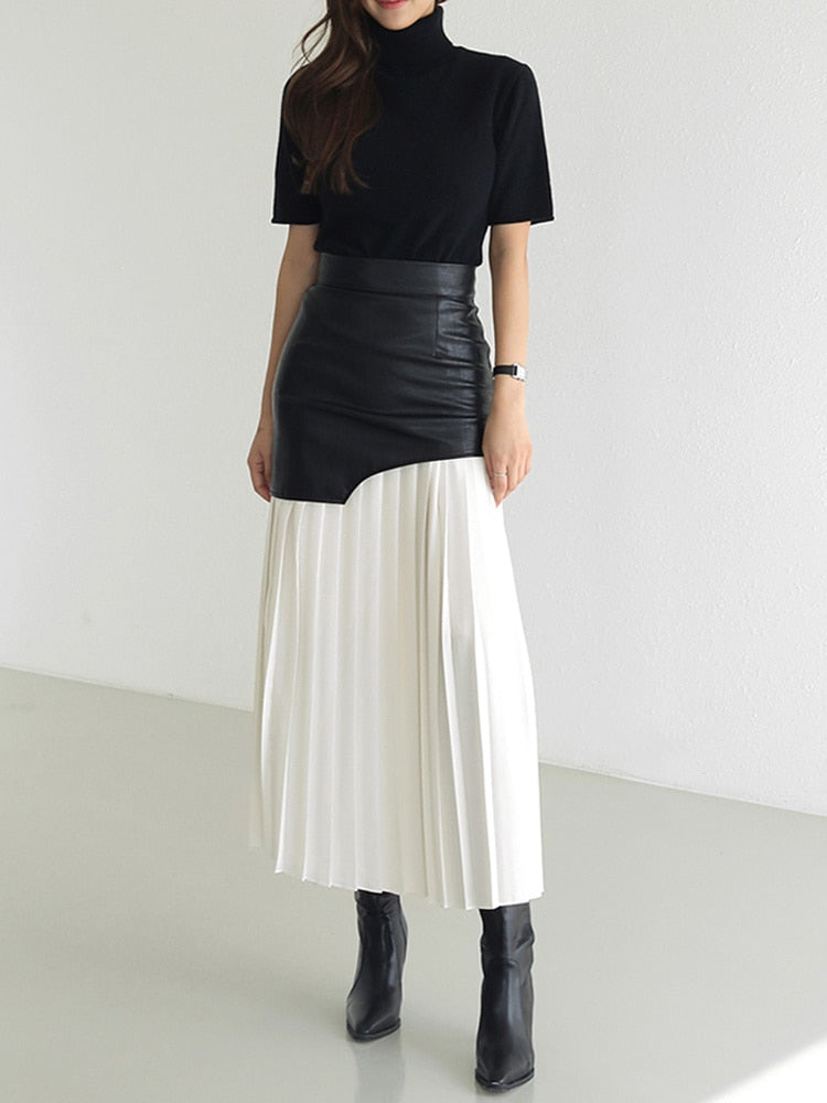 Patchwork PU Leather and heavy chiffon midi skirt | Chic style fashion | Zalia Atelier