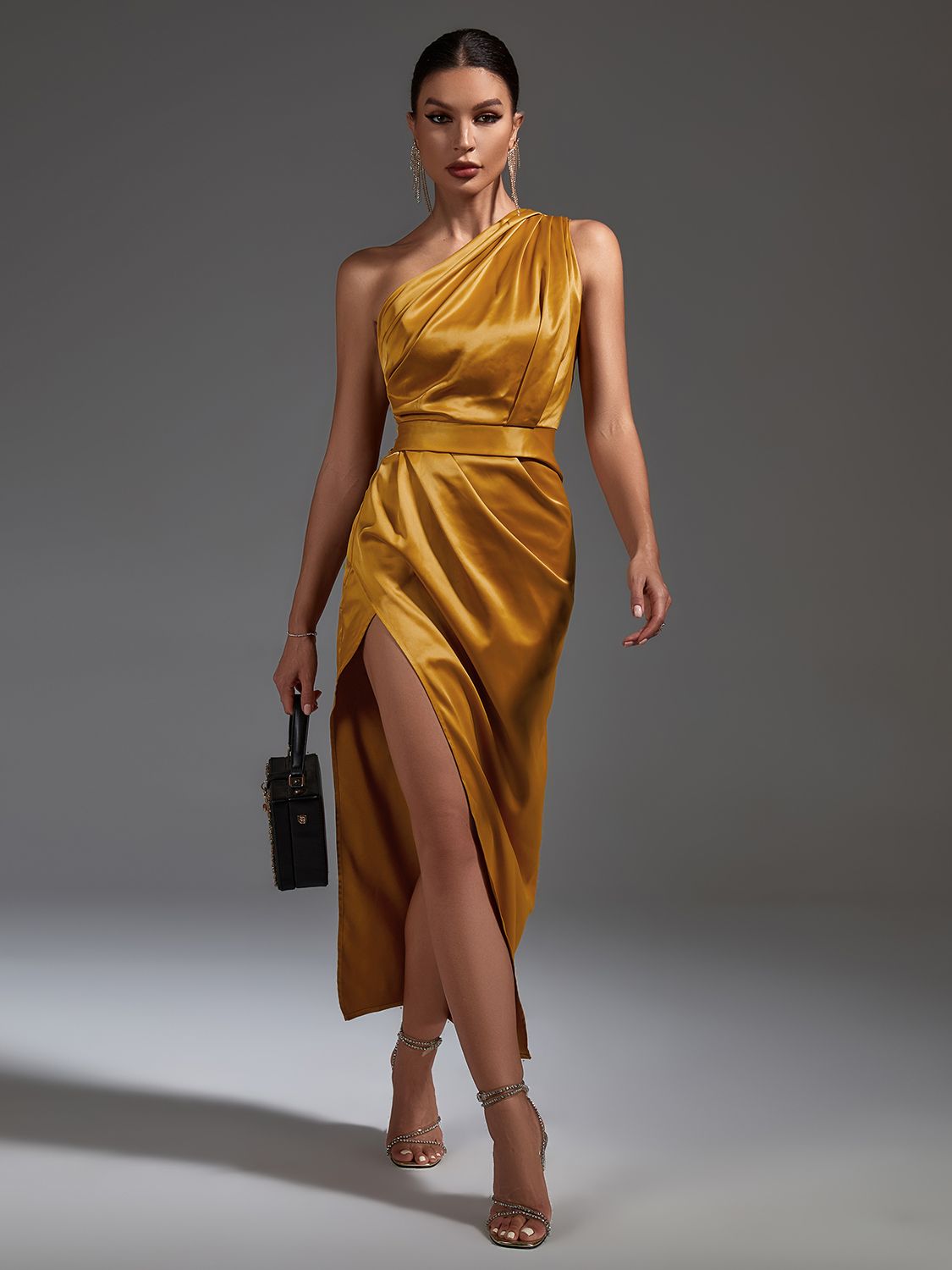 Golden Draped Midi Dress | Zalia Atelier | Chic Style Fashion