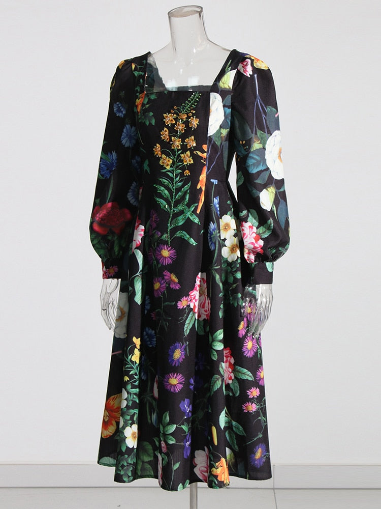 Multi Floral Print Midi Dress | Long Sleeves | Designer Inspired