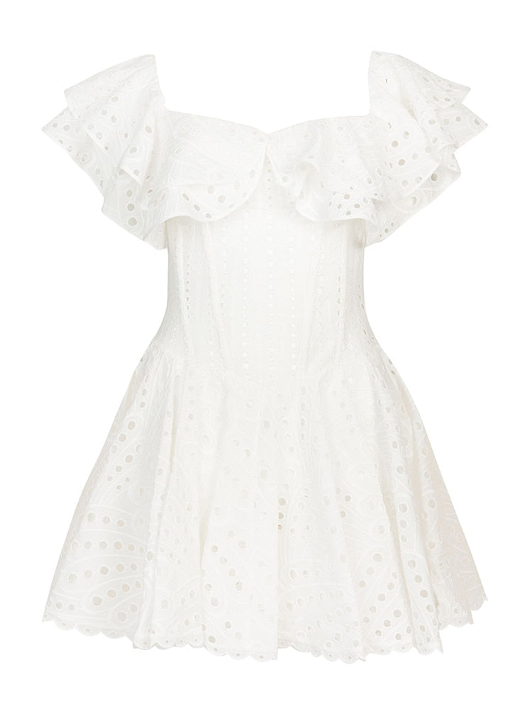 Embroidery Mini Dress White Ruffles Shoulders and Hemline | White Eyelets | Modern Chic Style | Designer Inspired Dresse | Charo Ruiz Dupe Lookalike