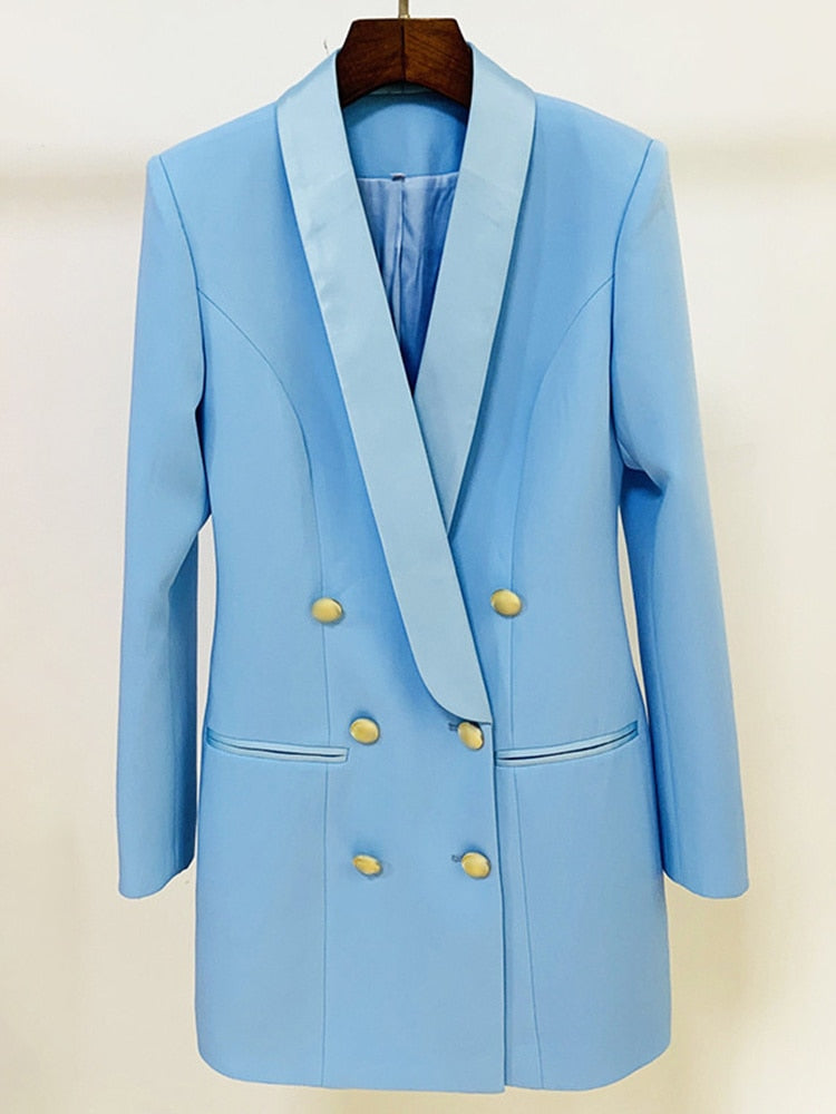 Light Blue Blazer Double Breasted Satin Lapel