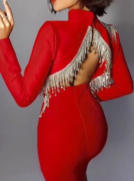 red mini dress rhinestone tassels open back