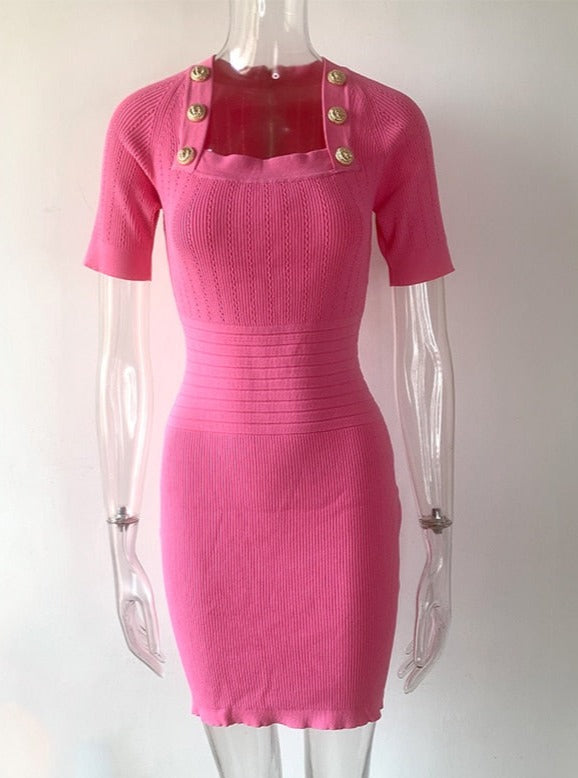 Knit Mini Dress Gold Buttons | Pink