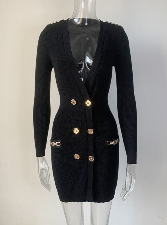 Black Knit Dress Gold Buttons | Double Breasted | Designer Inspired 