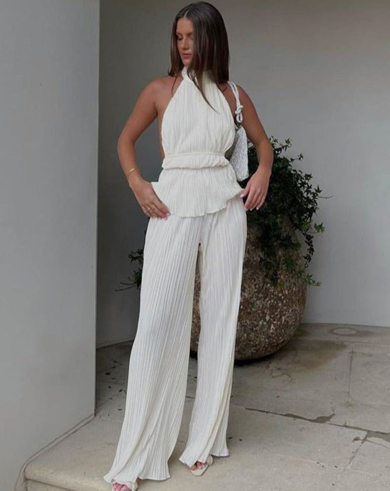 White Plisse Halter Neck Top and High Waist Pants | Zalia Atelier