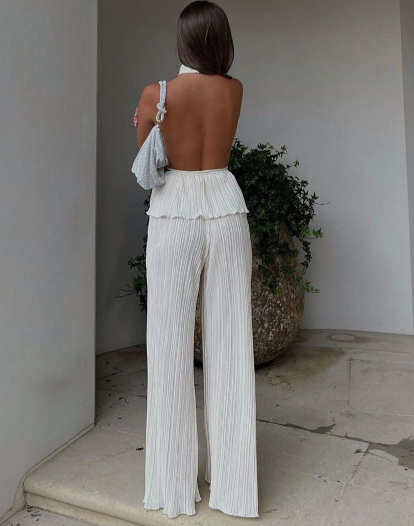 White Plisse Coord  | Halter Neck Top Open Back | High Waist Pants Wide Leg | Zalia Atelier