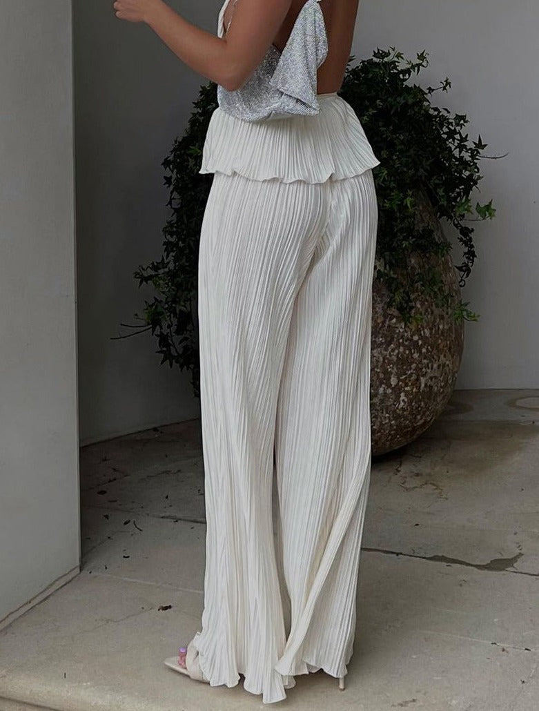 White Plisse Wide Leg Trousers