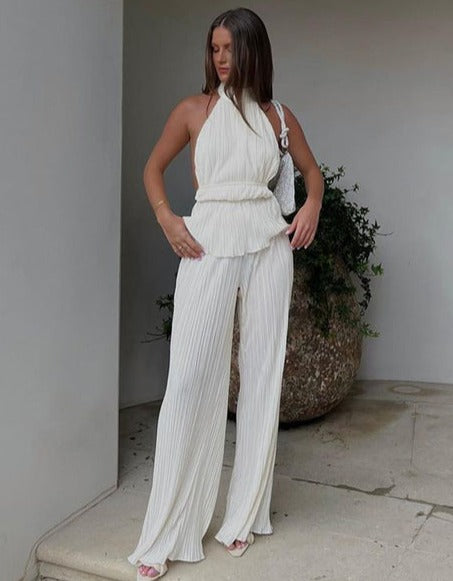 White Plisse Halter Neck Top and High Waist Wide Leg Trousers | Zalia Atelier